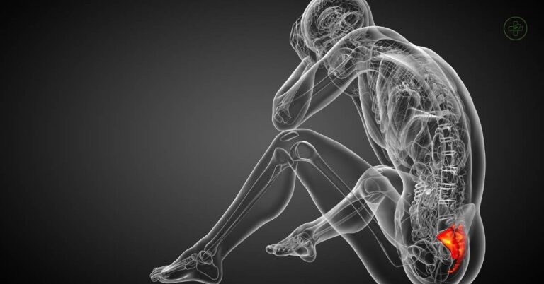 a transparent human figure in a crouched position highlighting lower back and pelvic pain area with red glow, illustrating potential issues like sacroiliac or coccyx discomfort.