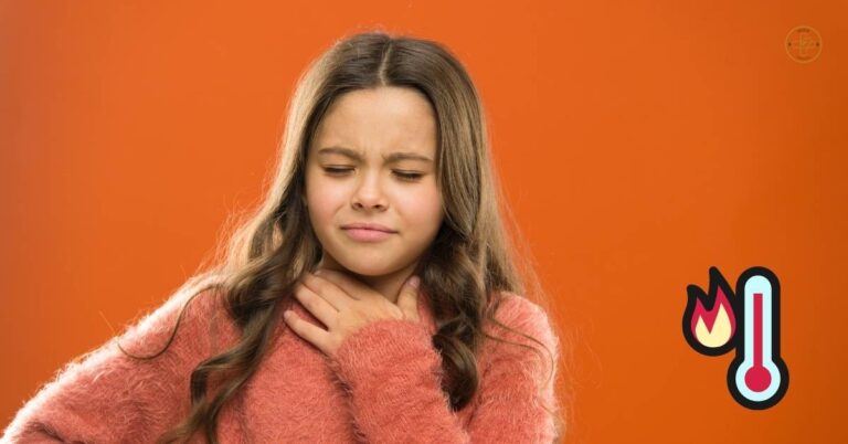 a young child holding throat area, appearing uncomfortable with a feverish expression, against orange background with thermometer icon