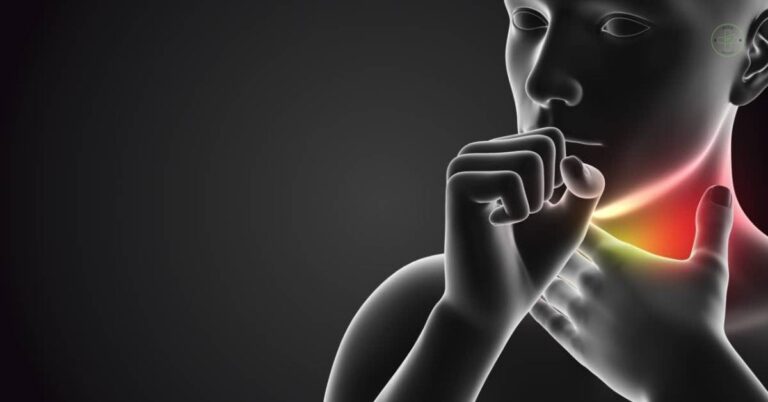 a person holding their throat area highlighted to indicate potential bolest v krku