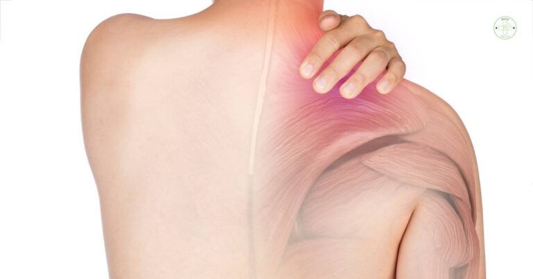 a person demonstrating shoulder muscle pain relief by massaging the sore upper arm and shoulder area near the rotator cuff