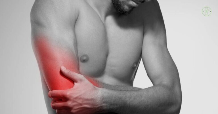 a person holding their left arm and upper shoulder area highlighted in red indicating potential bolest levé ruky and associated discomfort.