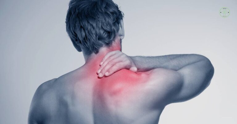 a person holding their neck in pain, highlighting stiff or ztuhlý krk with red inflammation.
