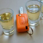 Nejpřesnější Alkohol Kalkulačka Online! Za Jak Dlouho Mohu Řídit? 8 four glasses filled with alcoholic beverages and an orange car key fob on a keyring, illustrating the risk of drinking and driving