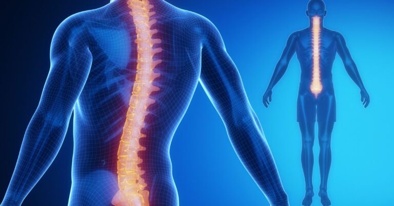 a detailed medical illustration of the human spine highlighting the sacrum and lower vertebrae, showing potential areas affected by tailbone injury or fracture