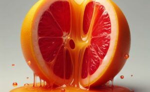a halved grapefruit with vibrant red flesh and dripping juice, illustrating natural fluid variations in citrus fruits