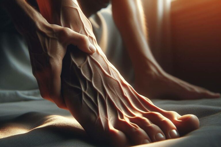 a close-up of a human foot and ankle with highlighted tendons and muscles, illustrating potential areas affected by plantární fasciitida or tension causing morning foot pain.