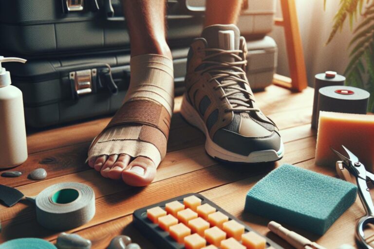 a foot with a compression bandage for foot pain relief, surrounded by home care items like ice pack, tape, and foot massage tools