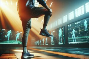 a person performing advanced motion analysis exercise with digital motion capture showing leg movement and vascular/skeletal tracking for health assessment