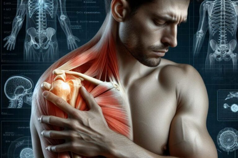a man holding his shoulder with highlighted muscles and skeletal anatomy illustrating svalové přetížení and potential únavě organismu during muscle recovery.