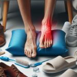 a person’s feet with highlighted inflamed area of the heel and ball of the foot, surrounded by various footwear and ice therapy tools, illustrating symptoms of neuralgic foot pain.
