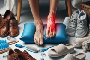 a person’s feet with highlighted inflamed area of the heel and ball of the foot, surrounded by various footwear and ice therapy tools, illustrating symptoms of neuralgic foot pain.