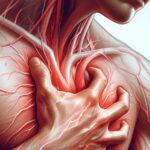 Trpíte bolestí hrudní kosti? Toto je 7 nejčastějších příčin, na které musíte dát pozor! 6 anatomical illustration of a human heart with surrounding arteries and a hand pressing on the chest area, highlighting potential sources of kardiovaskulární bolest hrudní kosti.