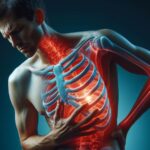 a person with an overlay of the ribcage and shoulder muscles highlighting inflammation or pain on the left side of the chest, indicating potential chest discomfort or health concern