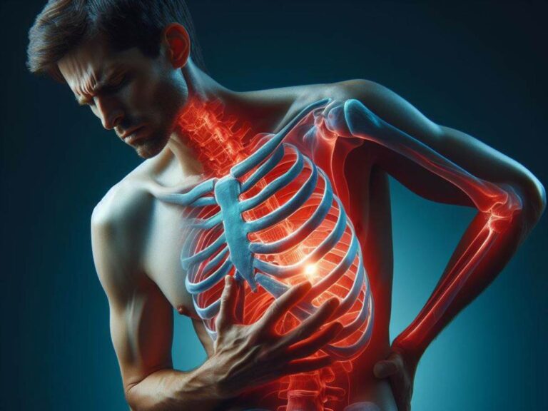 a person with an overlay of the ribcage and shoulder muscles highlighting inflammation or pain on the left side of the chest, indicating potential chest discomfort or health concern