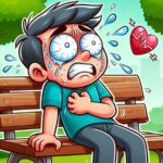 a distressed cartoon character sitting on a bench clutching chest pain with tears and a cracked heart symbol floating nearby