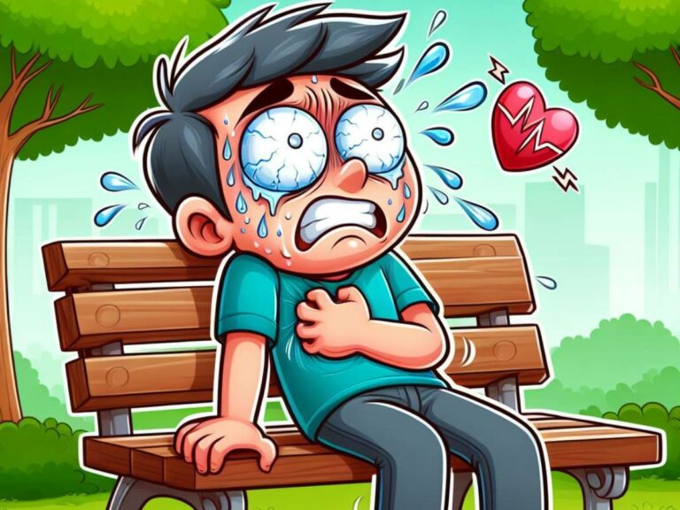 a distressed cartoon character sitting on a bench clutching chest pain with tears and a cracked heart symbol floating nearby