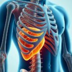 an anatomical illustration of the human torso highlighting the rib cage, spine, and internal organs including the liver and gallbladder area where biliary pain or kolika may occur