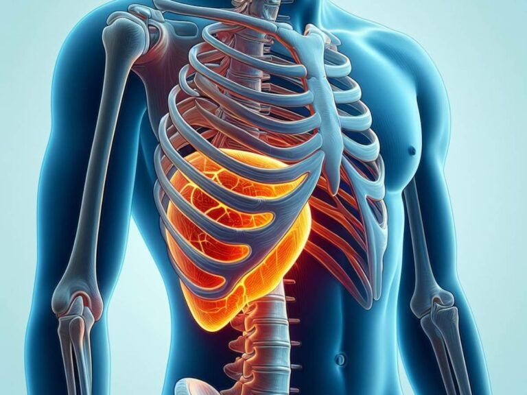 an anatomical illustration of the human torso highlighting the rib cage, spine, and internal organs including the liver and gallbladder area where biliary pain or kolika may occur