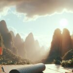 Recenze Po 30-ti Dnech Ležení Na Pranamat Podložece: Toto jsou moje zkušenosti 5 a serene outdoor setting with a yoga mat on a wooden deck, surrounded by lush greenery and towering karst rock formations bathed in warm sunlight