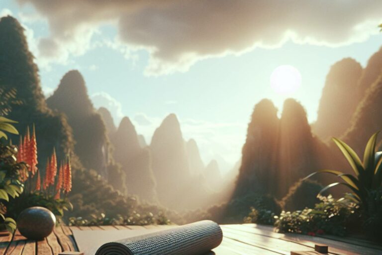 a serene outdoor setting with a yoga mat on a wooden deck, surrounded by lush greenery and towering karst rock formations bathed in warm sunlight