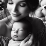 a tender mother gently cradling a sleeping baby, showcasing serene bonding moments