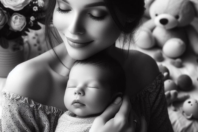 a tender mother gently cradling a sleeping baby, showcasing serene bonding moments