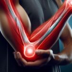 a person holding their painful elbow with highlighted muscles and tendons indicating possible lateral epikondylitida