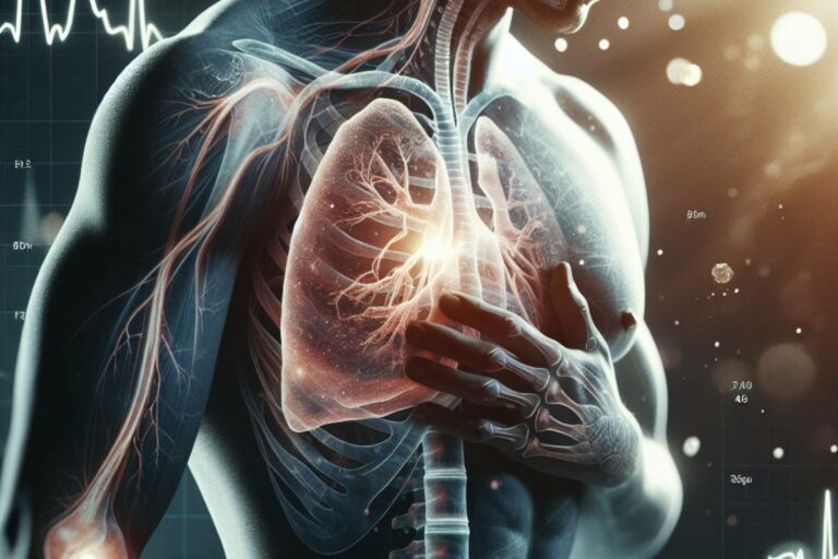 a transparent anatomical illustration of human upper torso highlighting blocked or compressed ribs and surrounding nerves as a potential zdroj intenzivní bolesti.