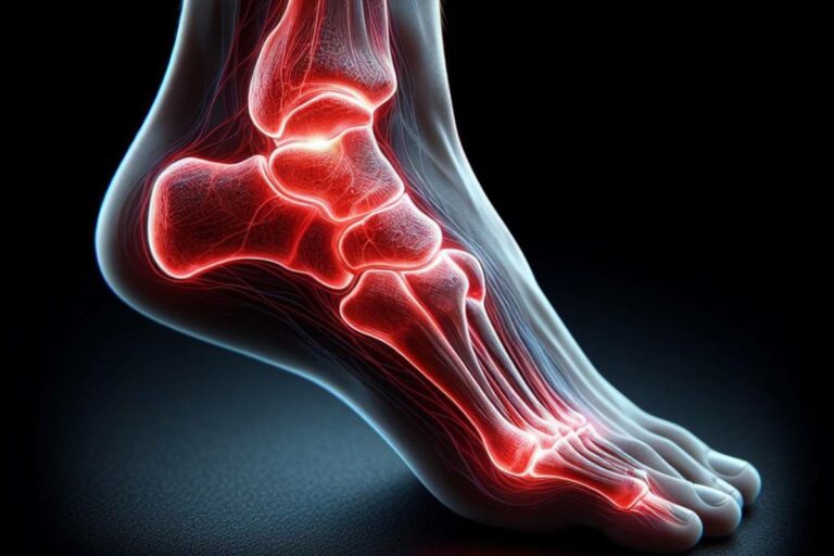 anatomical illustration of an inflamed heel tendon area showing redness, swelling, and affected plantar fascia region indicative of tendinitis