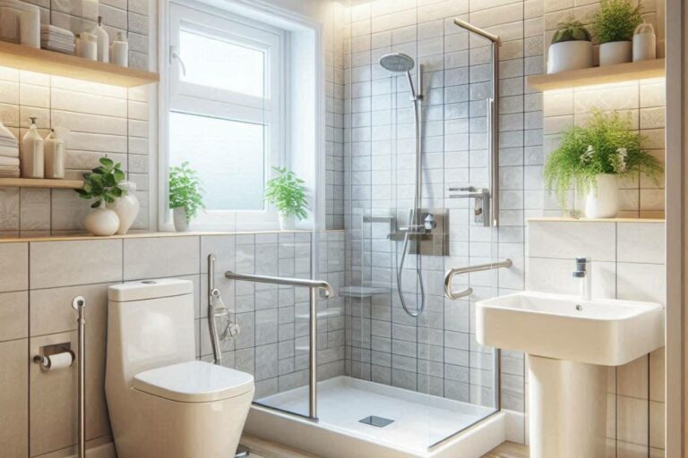 a modern bathroom designed with safety features for seniors, including grab bars near the walk-in shower and toilet, non-slip flooring, and accessible fixtures.