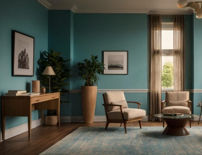 a cozy, well-lit living room with wooden furniture, plants, and calming blue walls, evoking a serene space for relaxation and reflection.
