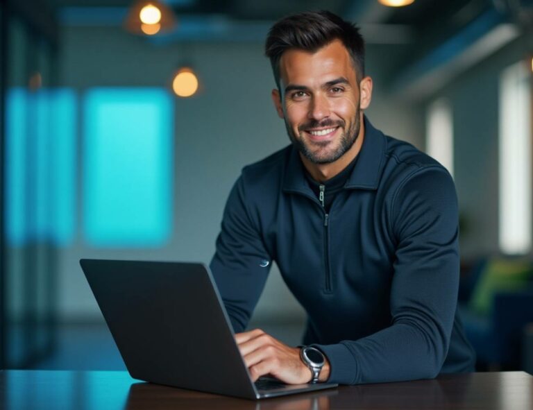 a smiling professional athlete in a dark long-sleeve shirt using a laptop at a modern desk, suggesting planning for career or business growth