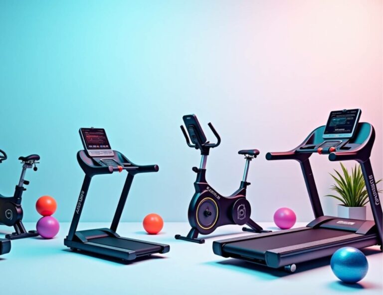 a modern home gym setup featuring three high-tech treadmills, a stationary bike, and colorful exercise balls for kvalitní sportovní vybavení and úspěšný trénink