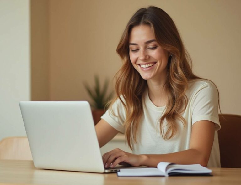 a smiling woman using a laptop at a wooden desk with a notebook, possibly researching online úspory or slevové kupóny.