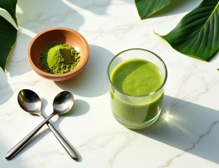 a glass of green kratom powder drink with two spoons and a bowl of loose powder on a marble surface with large green leaves