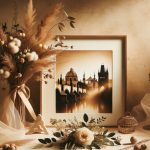 an elegant svatební oznámení design with framed vintage cityscape photo, dried floral arrangements, candles, and soft fabric textures
