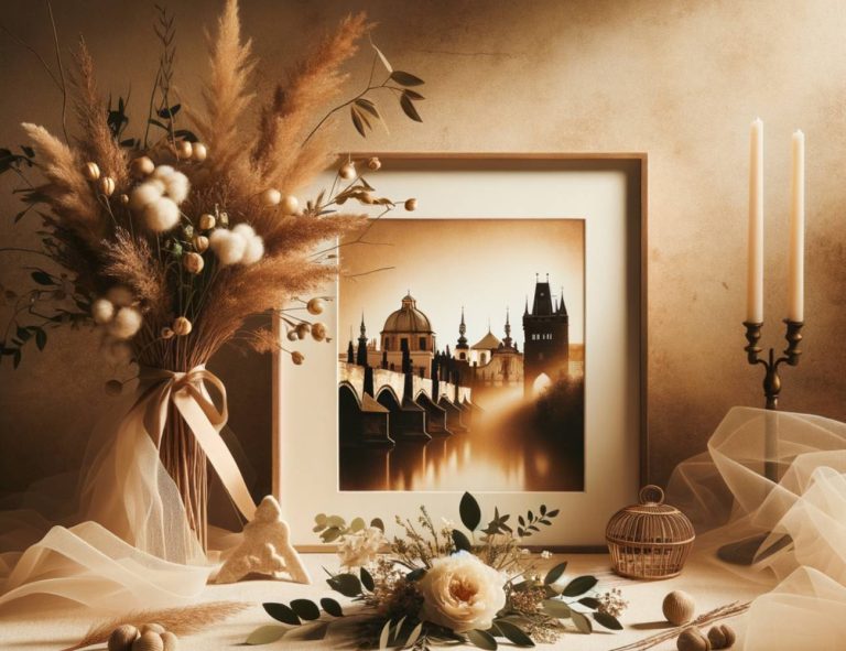 Jak svatební oznámení od Novaktiry.cz zvýrazní jedinečnost vašeho velkého dne 1 an elegant svatební oznámení design with framed vintage cityscape photo, dried floral arrangements, candles, and soft fabric textures