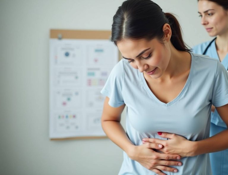 a woman experiencing abdominal discomfort during a gynecologist consultation, holding her lower belly.