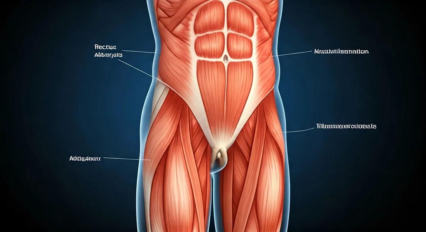 Anatomické zobrazení stydké spony ukazující zánět stydké kosti (osteitis pubis) a svalové dysbalance
