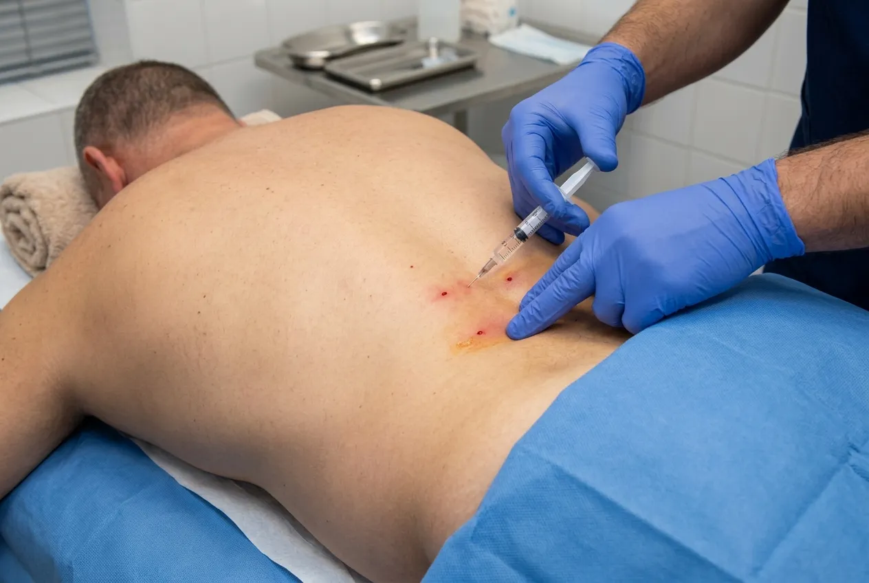 Lékař aplikuje obstřik do trigger pointů na zádech pacienta